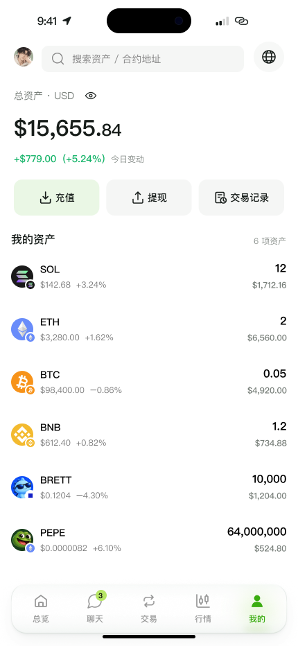 My Assets page with the total balance and holdings on each chain